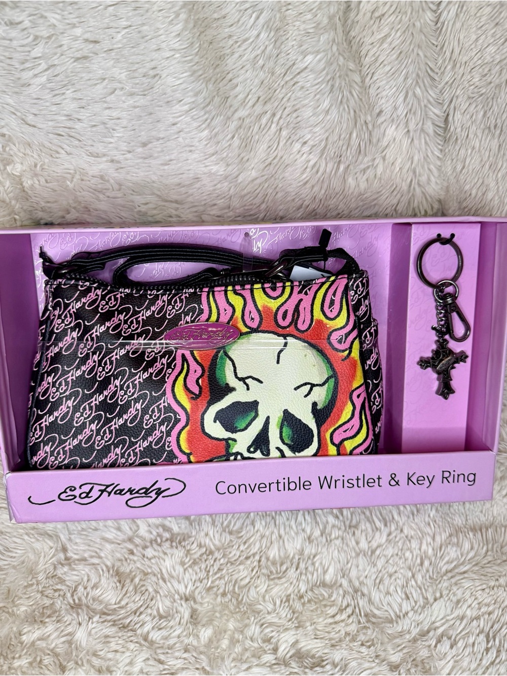 Ed Hardy Black Wristlet & Key Ring with Neon Pink, Green & Yellow Skull NWT
